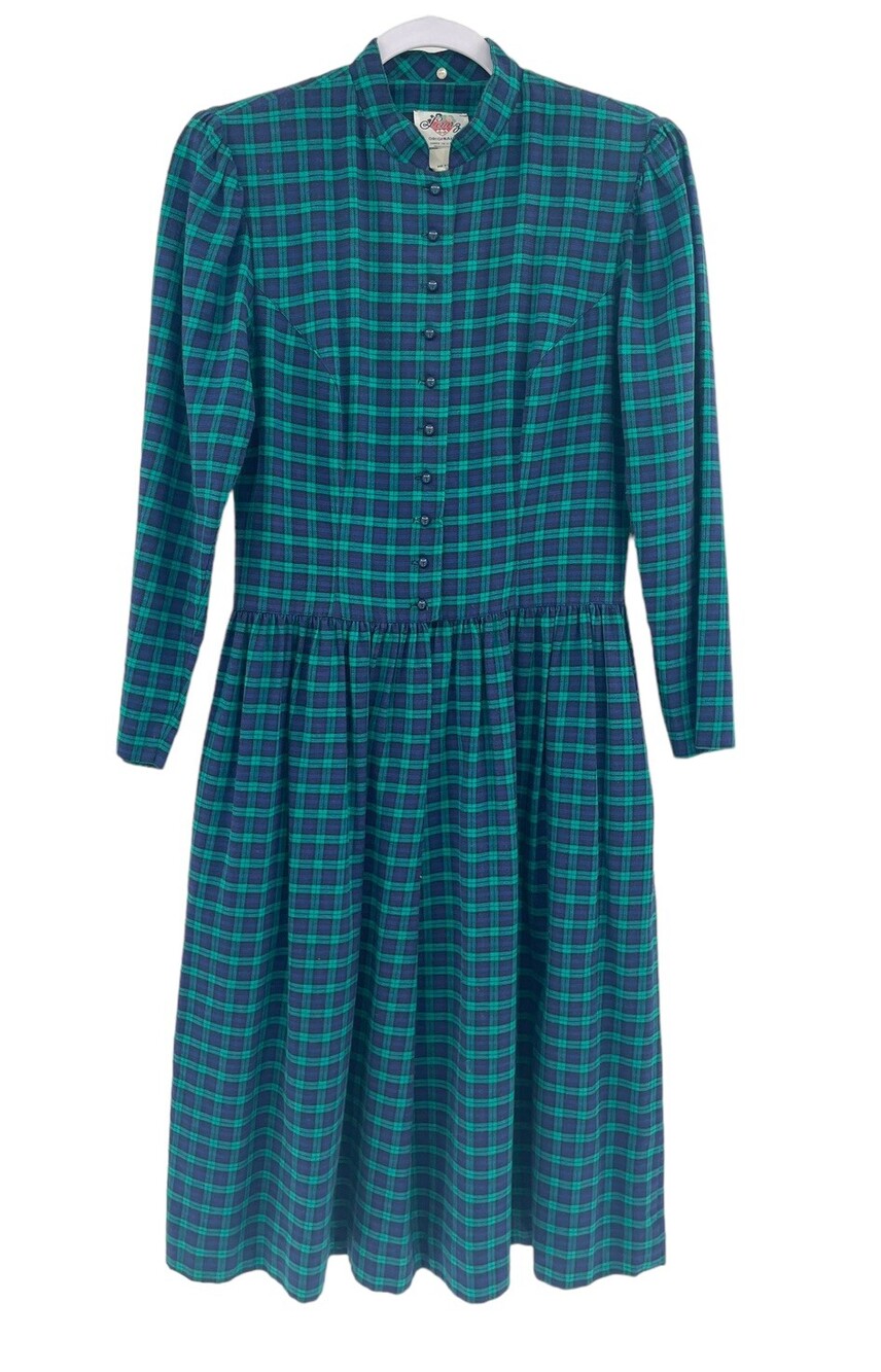 VTG Lanz Originals Dress Womens Size 8 Cottage Core Grannycore Prairie Plaid USA